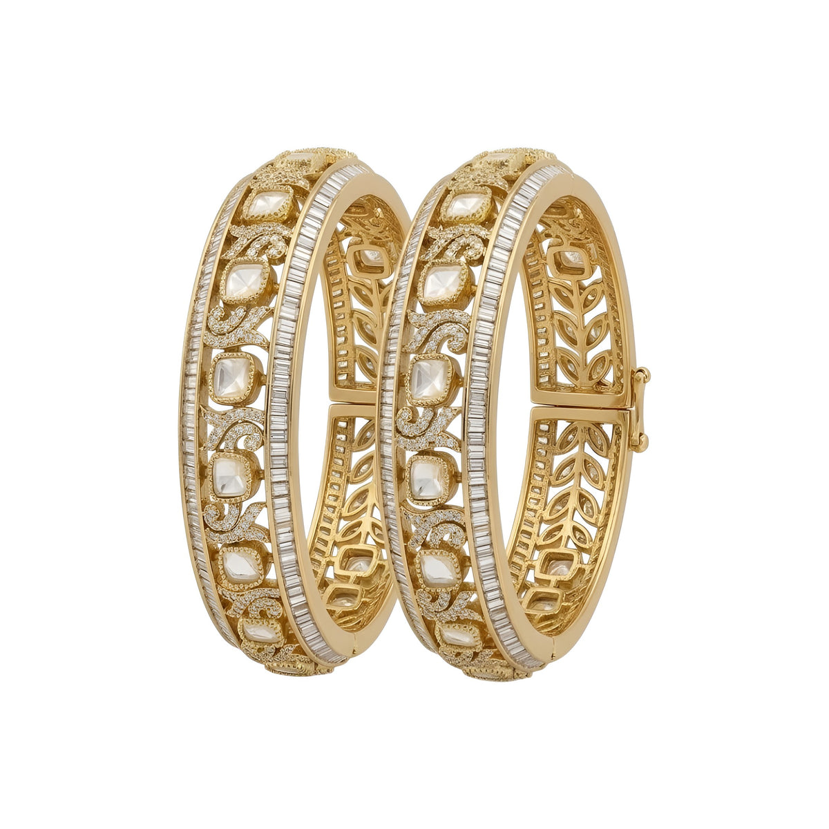 Pair of gold-finish openable kada bangles with polki-style clear square stones, Victorian-style scrollwork, and baguette-cut American diamond edges