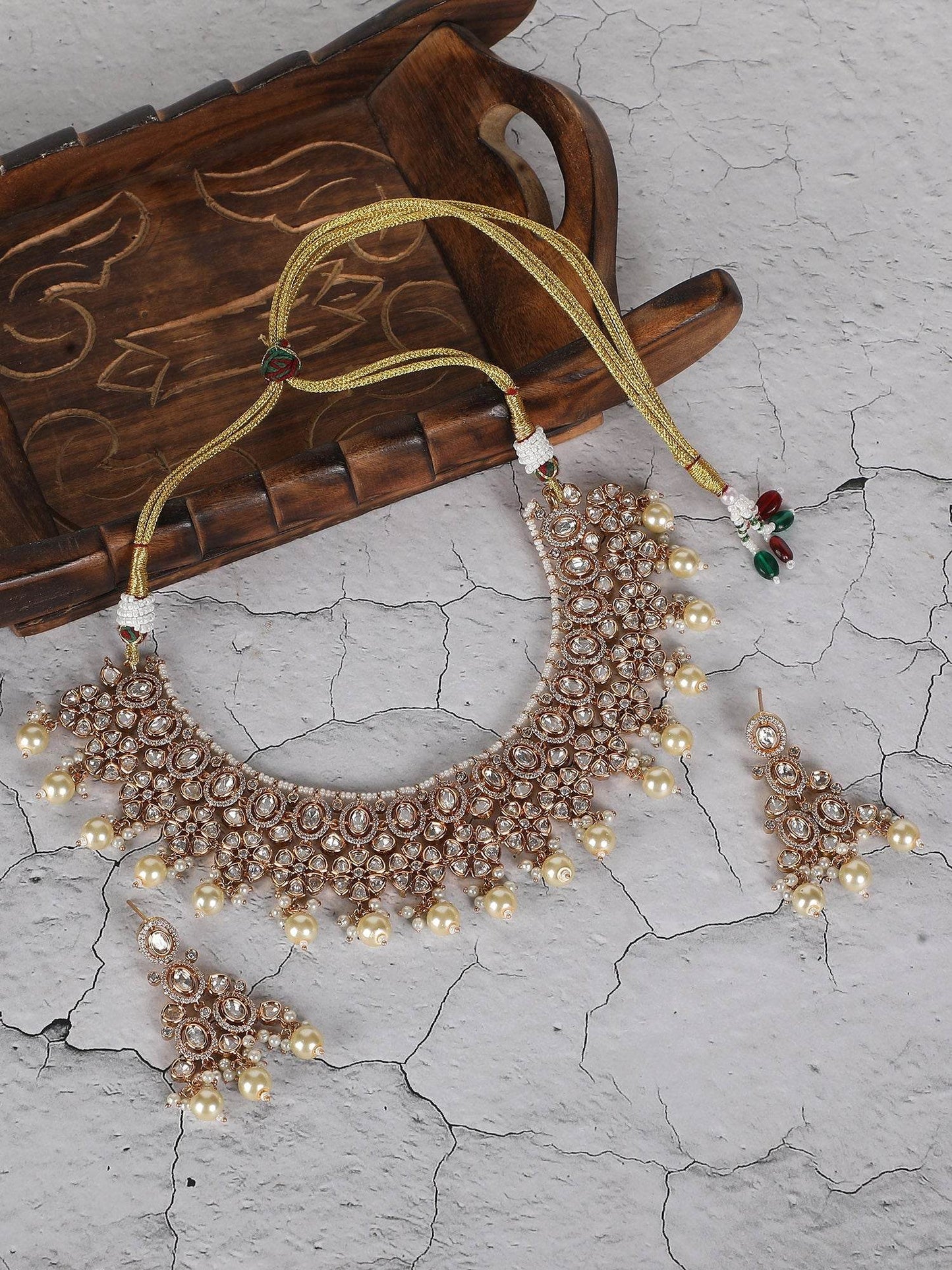 Champagne Gold CZ Choker Set with Pearl Drops - Auraa Trends