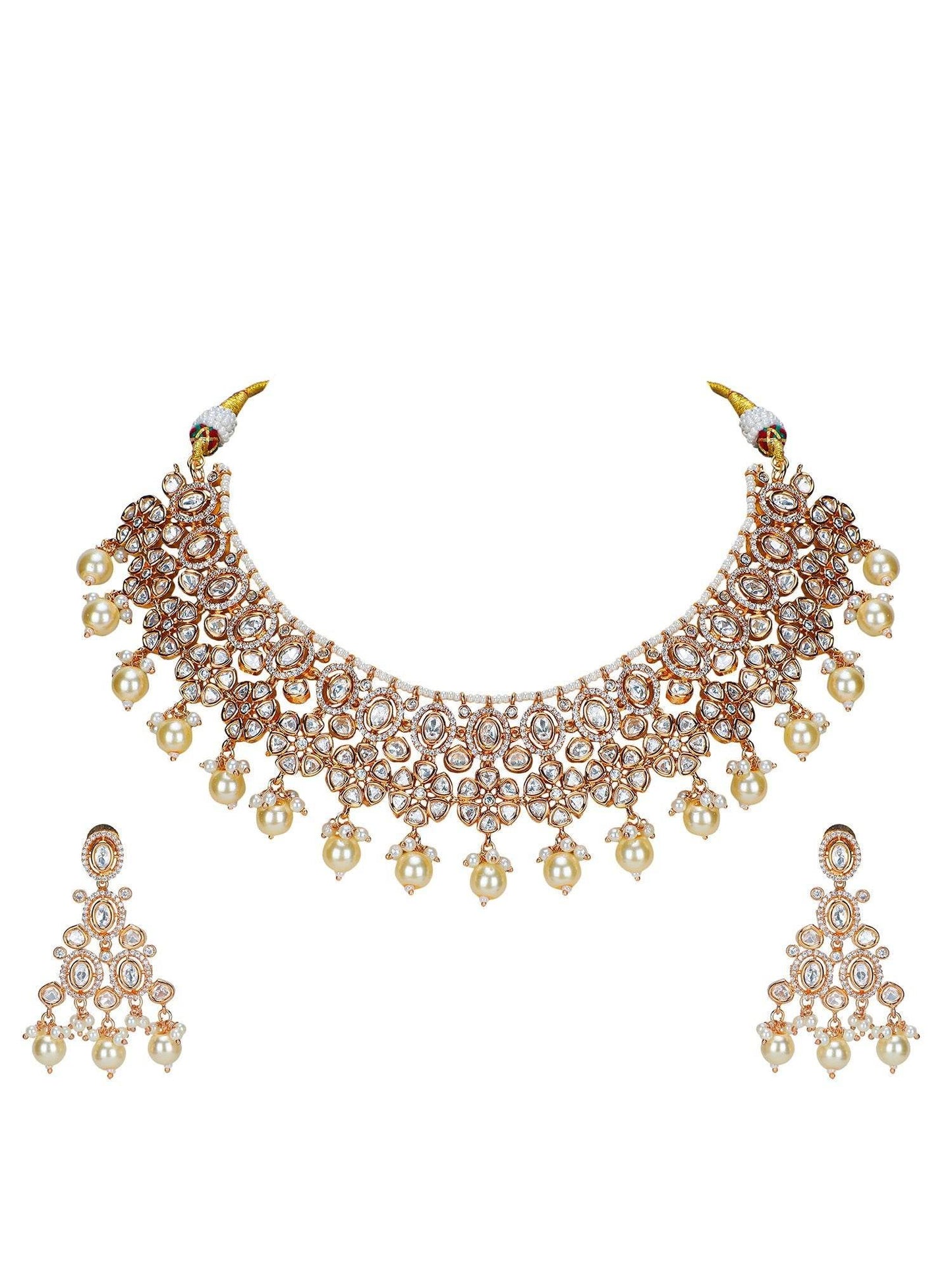 Champagne Gold CZ Choker Set with Pearl Drops - Auraa Trends