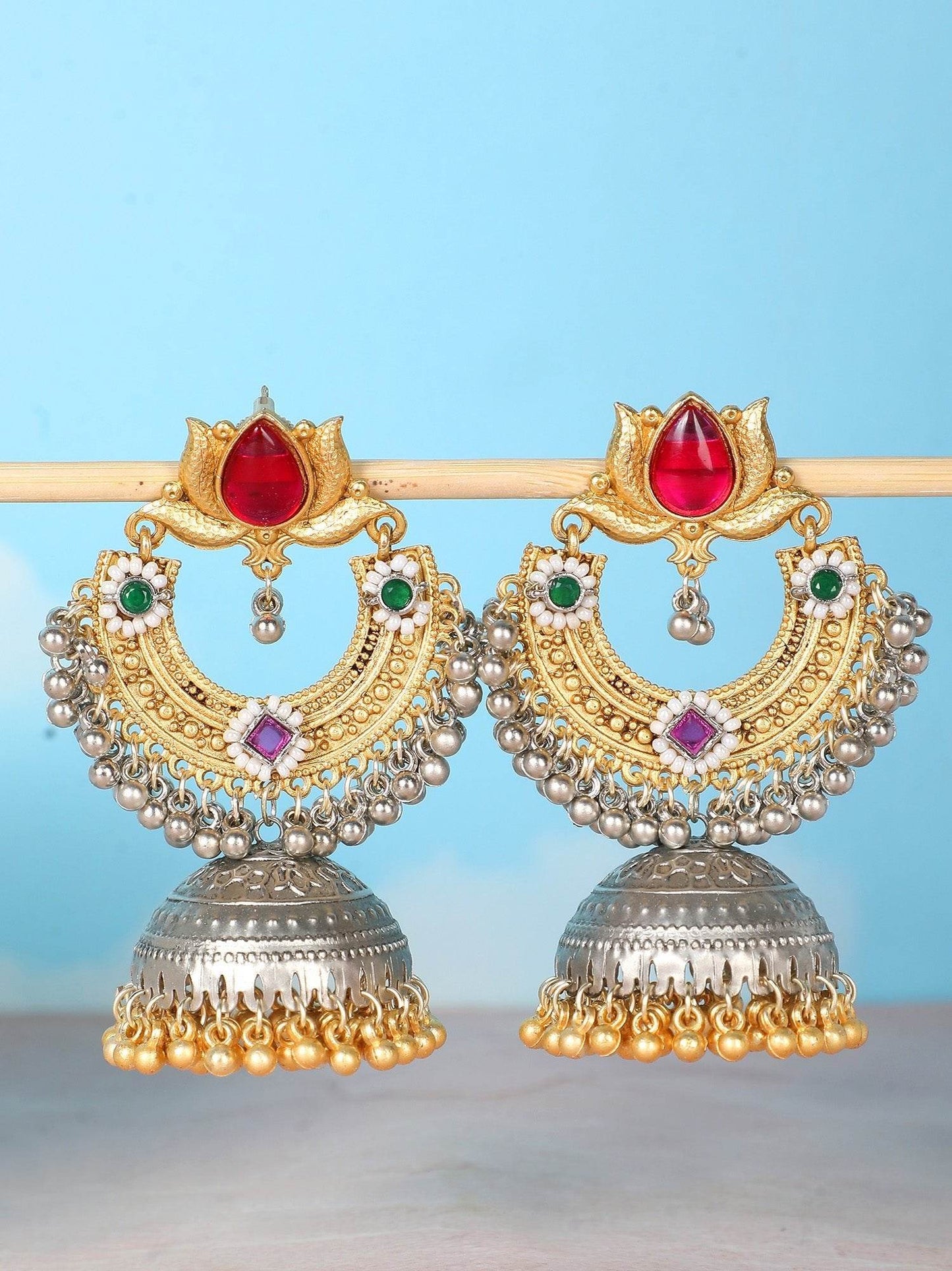 Chandbali Jhumka Dual-Tone Earrings with Ruby Stone & Detailing Ghungroo - Auraa Trends