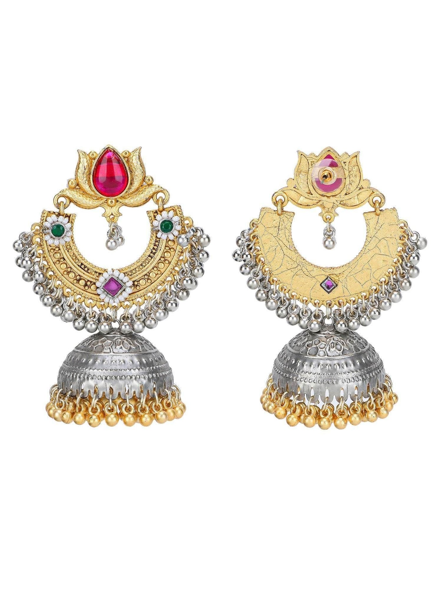 Chandbali Jhumka Dual-Tone Earrings with Ruby Stone & Detailing Ghungroo - Auraa Trends