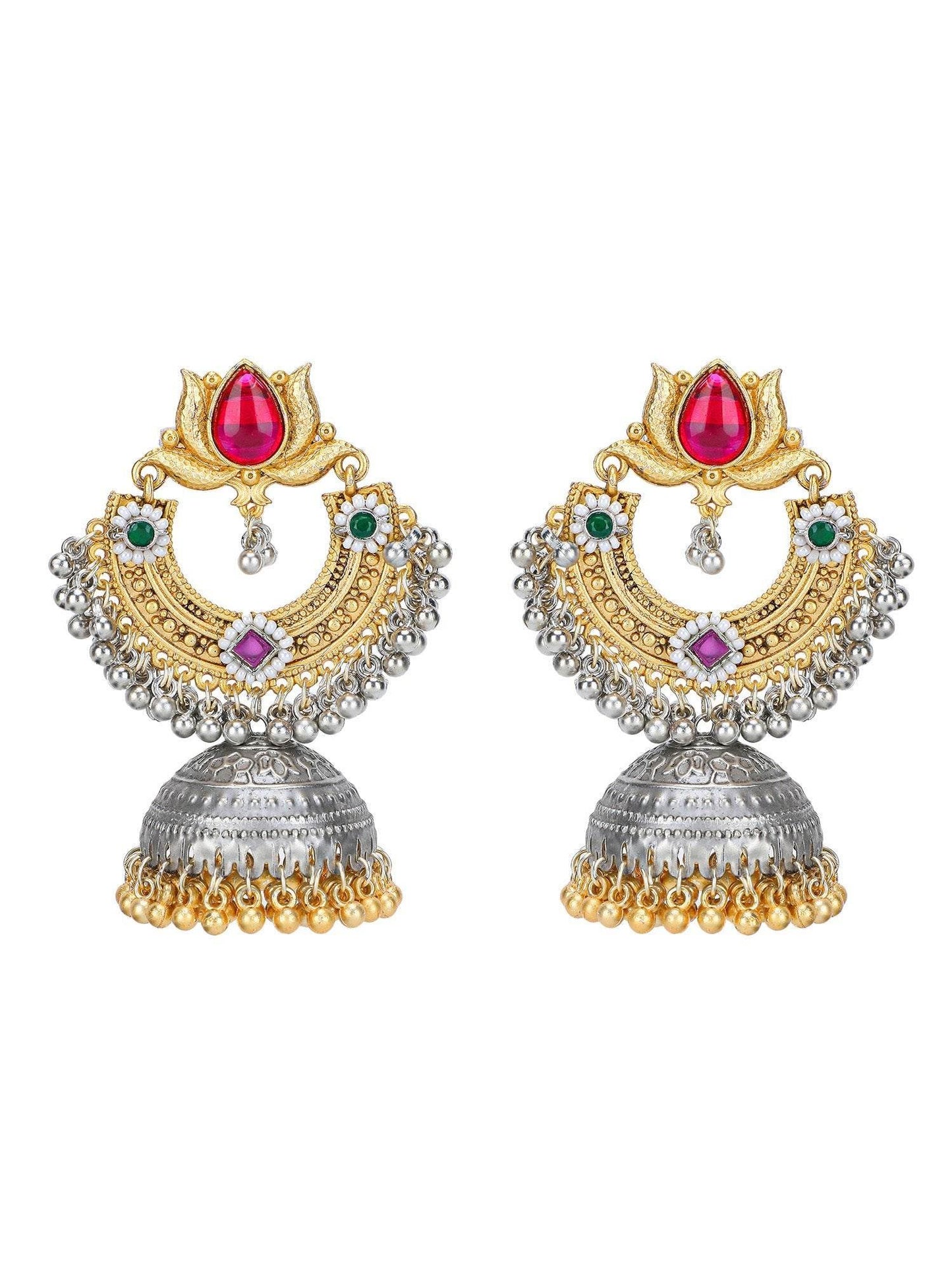 Chandbali Jhumka Dual-Tone Earrings with Ruby Stone & Detailing Ghungroo - Auraa Trends
