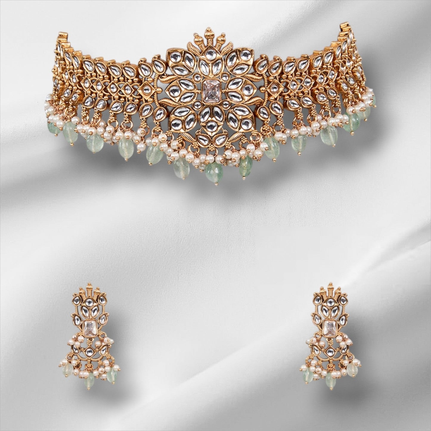 Choker Royal Floral Kundan Necklace Set - Auraa Trends - choker - # - Auraa Trends - Choker Royal Floral Kundan Necklace Set