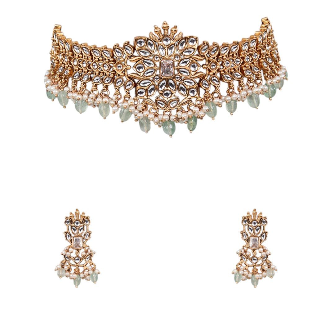 Choker Royal Floral Kundan Necklace Set - Auraa Trends - choker - # - Auraa Trends - Choker Royal Floral Kundan Necklace Set