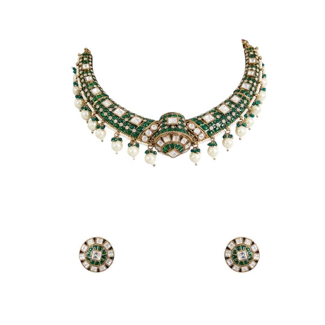 Classic Green Kundan Pearl Choker Necklace Set with Stud Earrings - Auraa Trends