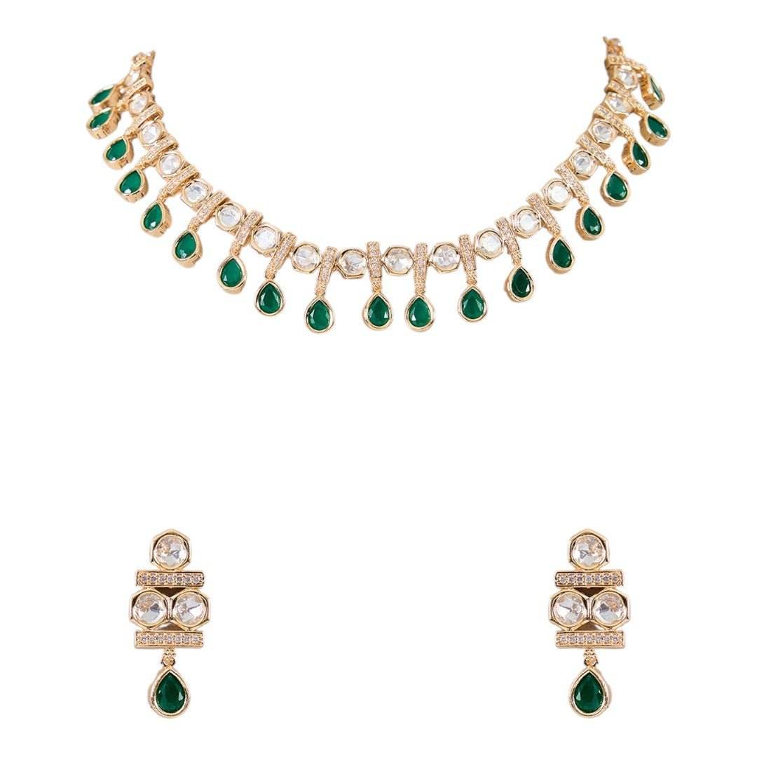 Classic Green Stone Kundan Necklace Set with Earrings - Auraa Trends