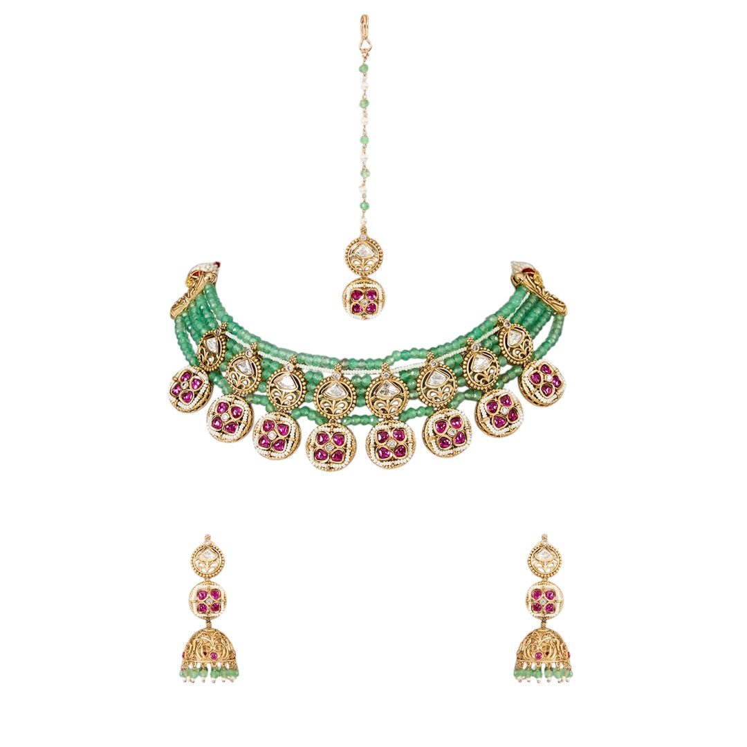 Classic Kundan and Green Bead Choker Set. - Auraa Trends - Necklace Set - # - Auraa Trends - Classic Kundan and Green Bead Choker Set.
