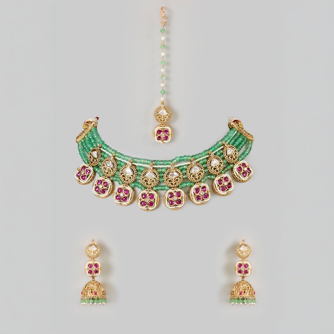 Classic Kundan and Green Bead Choker Set. - Auraa Trends - Necklace Set - # - Auraa Trends - Classic Kundan and Green Bead Choker Set.
