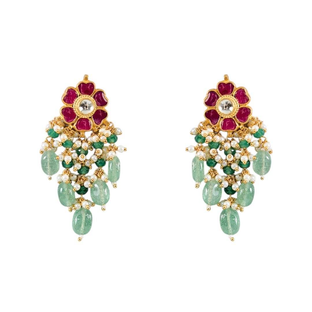 Classic Kundan Choker Necklace Set with Green Beads & Floral Motif Earrings - Auraa Trends