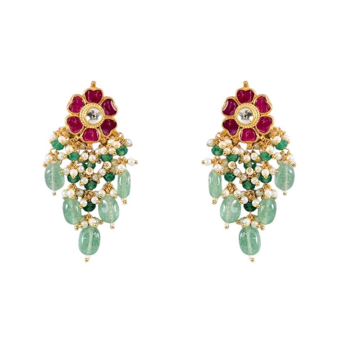 Classic Kundan Choker Necklace Set with Green Beads & Floral Motif Earrings - Auraa Trends