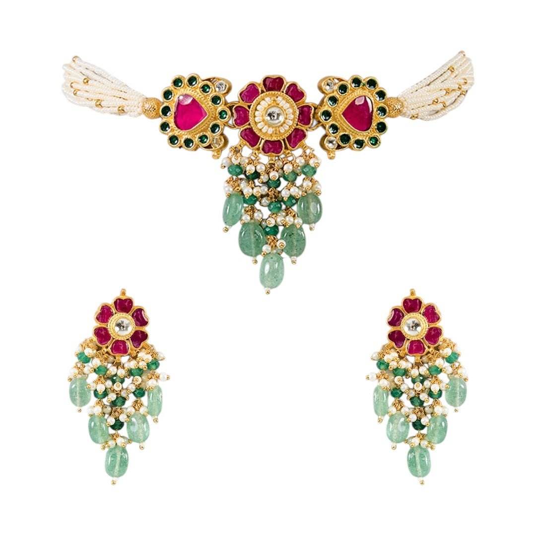 Classic Kundan Choker Necklace Set with Green Beads & Floral Motif Earrings - Auraa Trends