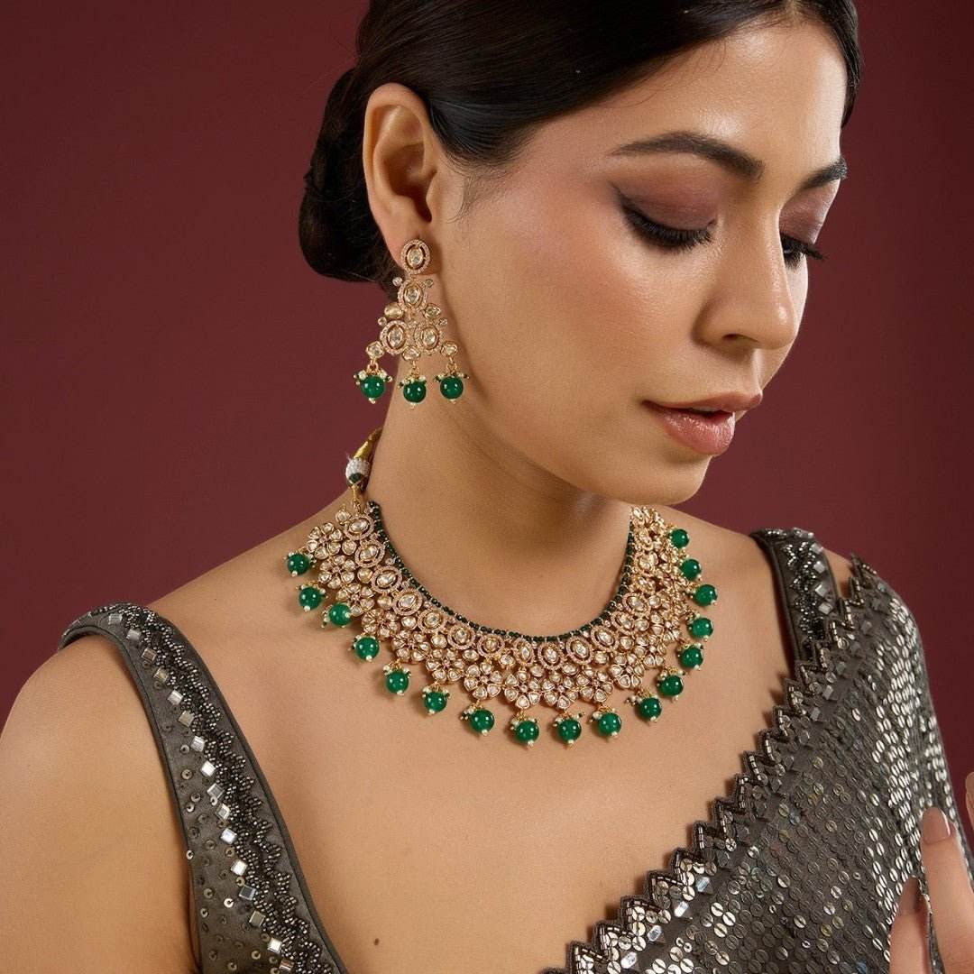 Classic Kundan Necklace Set with Green Beads – Wedding Choker & Long Dangles - Auraa Trends