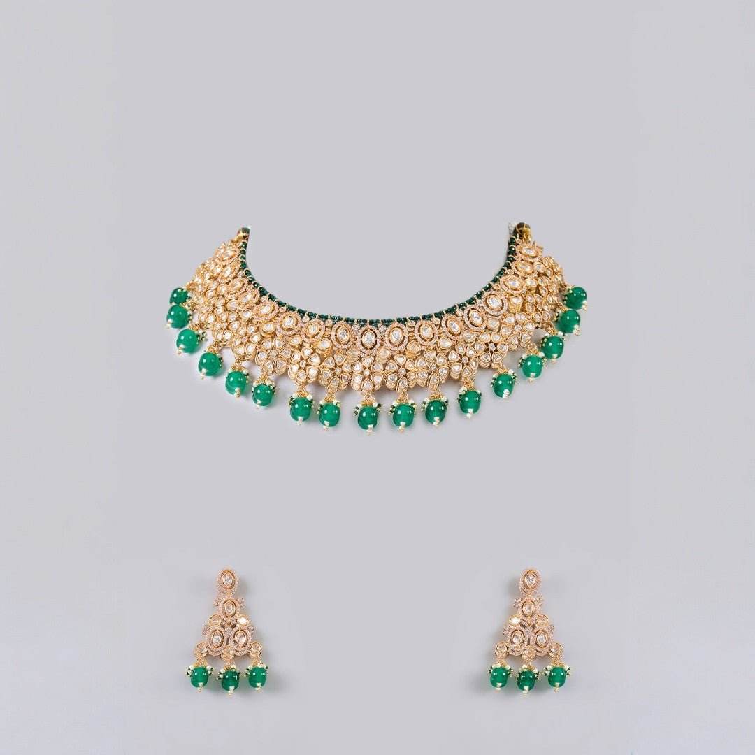 Classic Kundan Necklace Set with Green Beads – Wedding Choker & Long Dangles - Auraa Trends