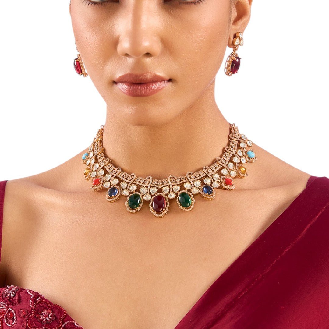 Classic Multicolor Kundan Choker Necklace Set with Earrings for Women - Auraa Trends - Choker - jewelry Traditional necklace