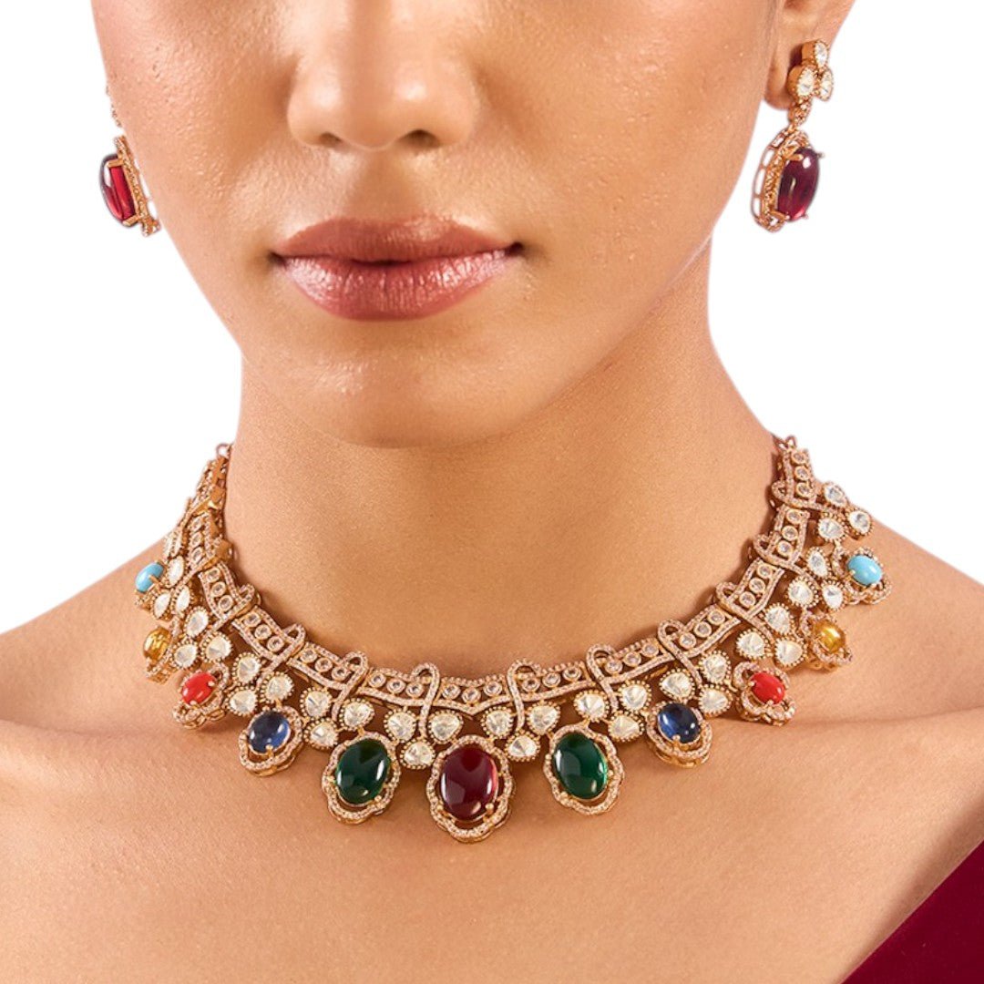 Classic Multicolor Kundan Choker Necklace Set with Earrings for Women - Auraa Trends - Choker - Wedding jewelry set Navratna