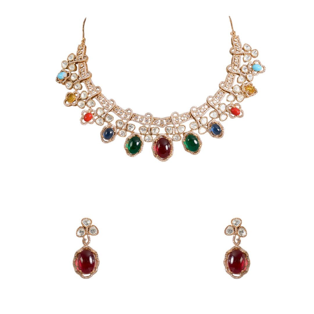 Classic Multicolor Kundan Choker Necklace Set with Earrings for Women - Auraa Trends - Choker - Traditional necklace Ethnic