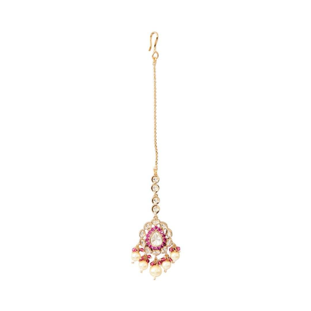 Classic Pink Kundan Maang Tikka with Pearl Drops - Auraa Trends