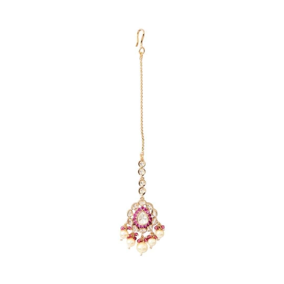 Classic Pink Kundan Maang Tikka with Pearl Drops - Auraa Trends