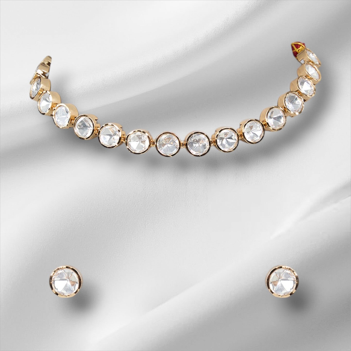 Classic Polki Kundan Necklace & Stud Earrings Set - Auraa Trends - Choker - # - Auraa Trends - Classic Polki Kundan Necklace & Stud Earrings Set