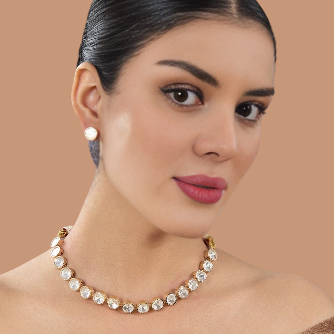 Classic Polki Kundan Necklace & Stud Earrings Set - Auraa Trends - Choker - # - Auraa Trends - Classic Polki Kundan Necklace & Stud Earrings Set