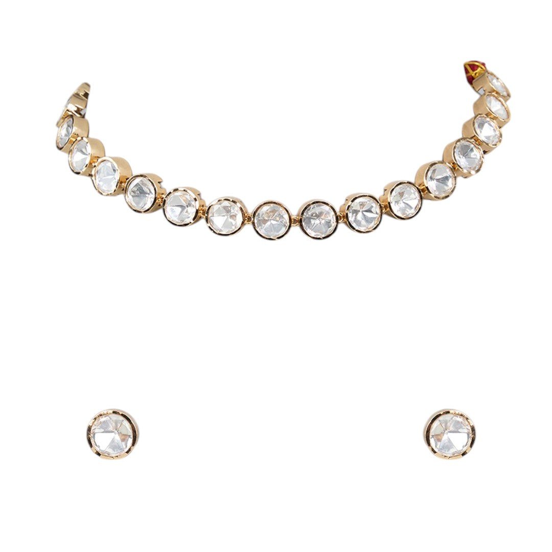 Classic Polki Kundan Necklace & Stud Earrings Set - Auraa Trends - Choker - # - Auraa Trends - Classic Polki Kundan Necklace & Stud Earrings Set