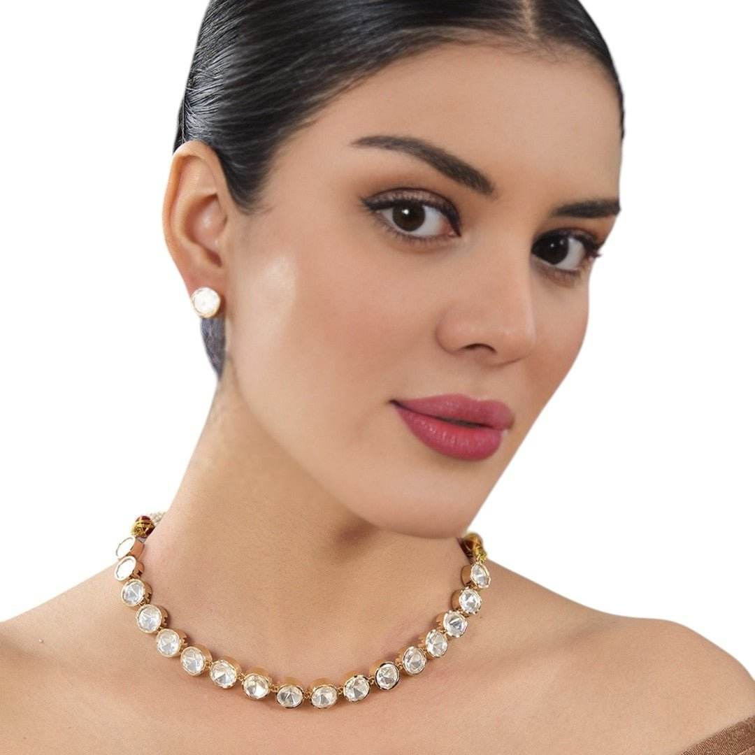 Classic Polki Kundan Necklace & Stud Earrings Set - Auraa Trends