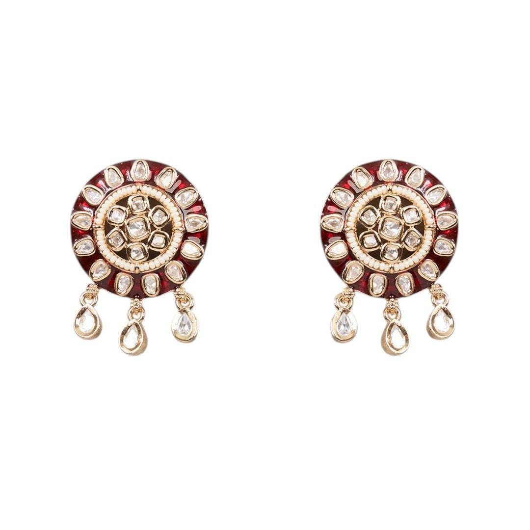 Classic Red Gold Round Kundan Drops Earrings for Women - Auraa Trends