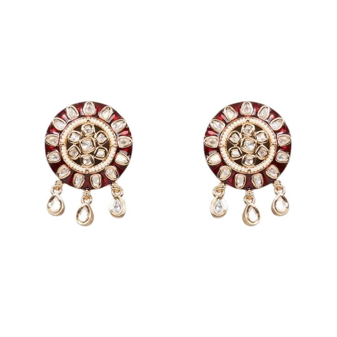 Classic Red Gold Round Kundan Drops Earrings for Women - Auraa Trends
