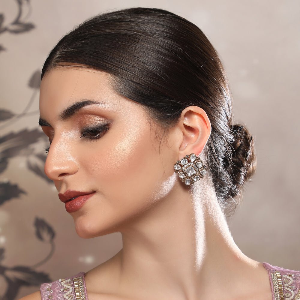 Classic Square Polki Stud Earrings - Auraa Trends - Studs - # - Auraa Trends - Buy Polki Stud Earrings