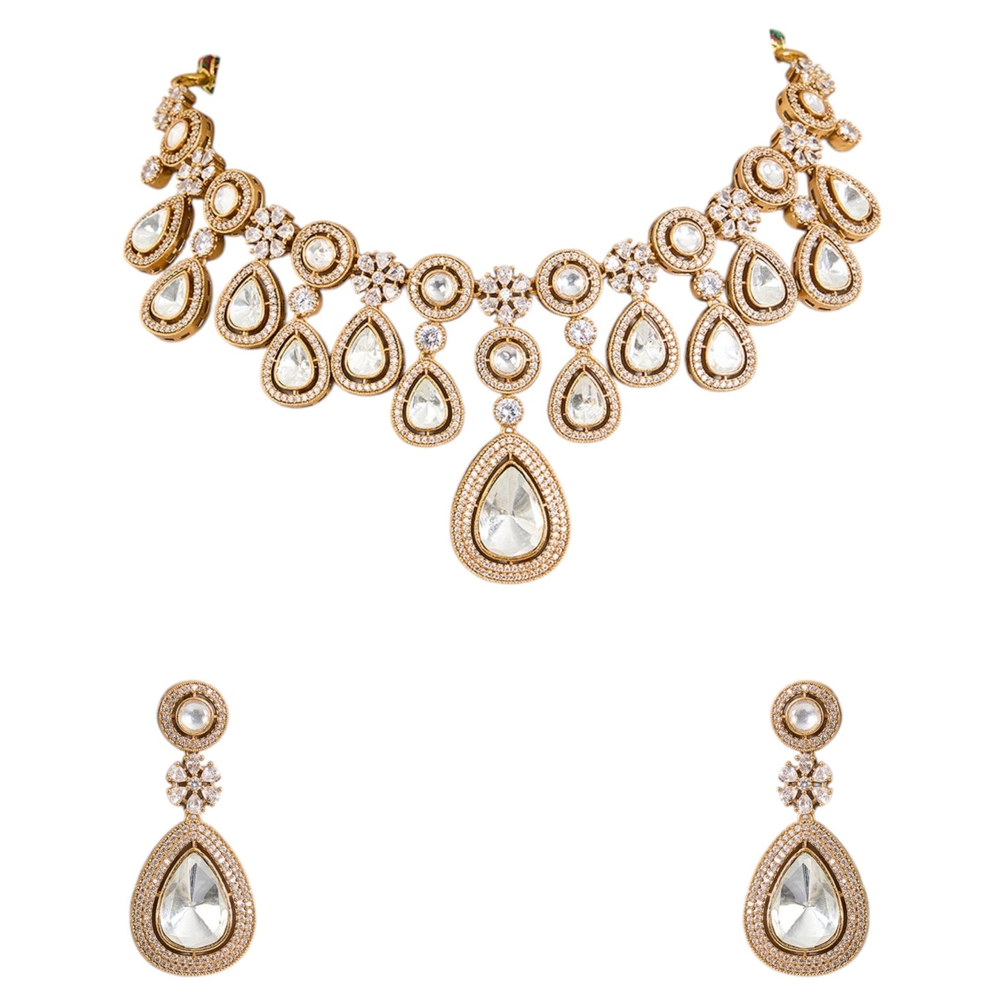 Classic White Kundan Choker Necklace Set with Earrings for Bridal & Wedding Wear - Auraa Trends - Necklace - - Auraa Trends - “White kundan choker necklace set with teardrop stones and earrings” “Gold - tone bridal choker necklace with floral kundan work and crystal details” “Traditional Indian jewelry set with white stones for weddings”