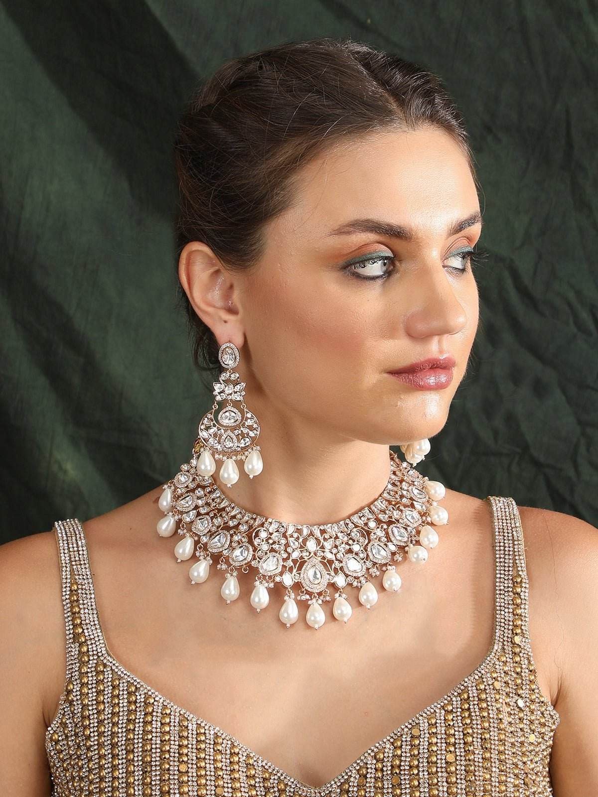 Contemporary Pearl & Polki Necklace with Matching Earrings - Auraa Trends