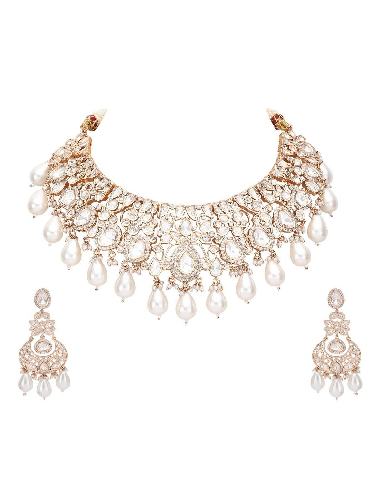 Contemporary Pearl & Polki Necklace with Matching Earrings - Auraa Trends