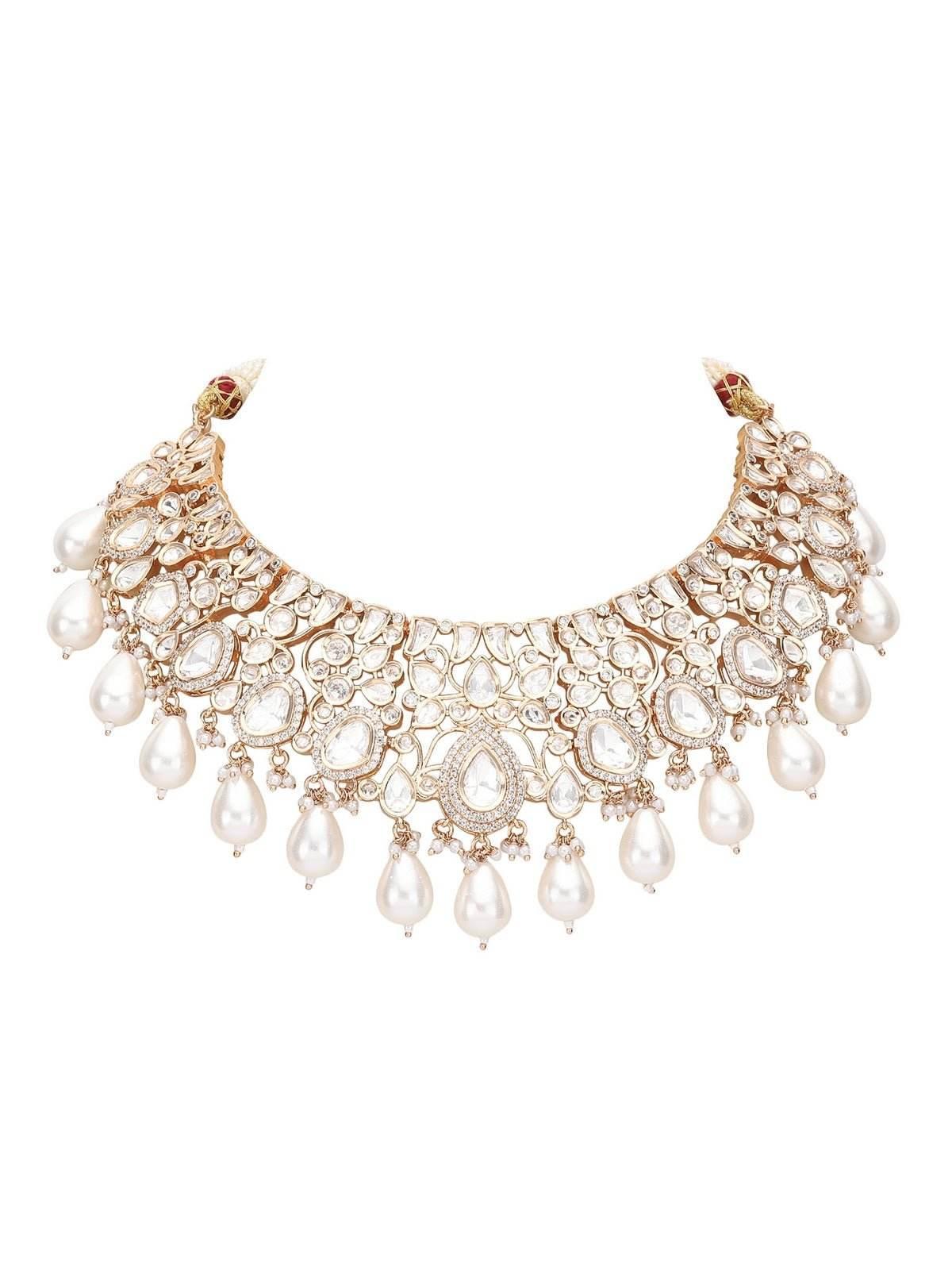 Contemporary Pearl & Polki Necklace with Matching Earrings - Auraa Trends