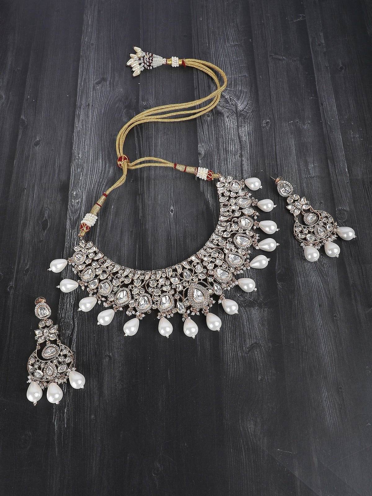 Contemporary Pearl & Polki Necklace with Matching Earrings - Auraa Trends