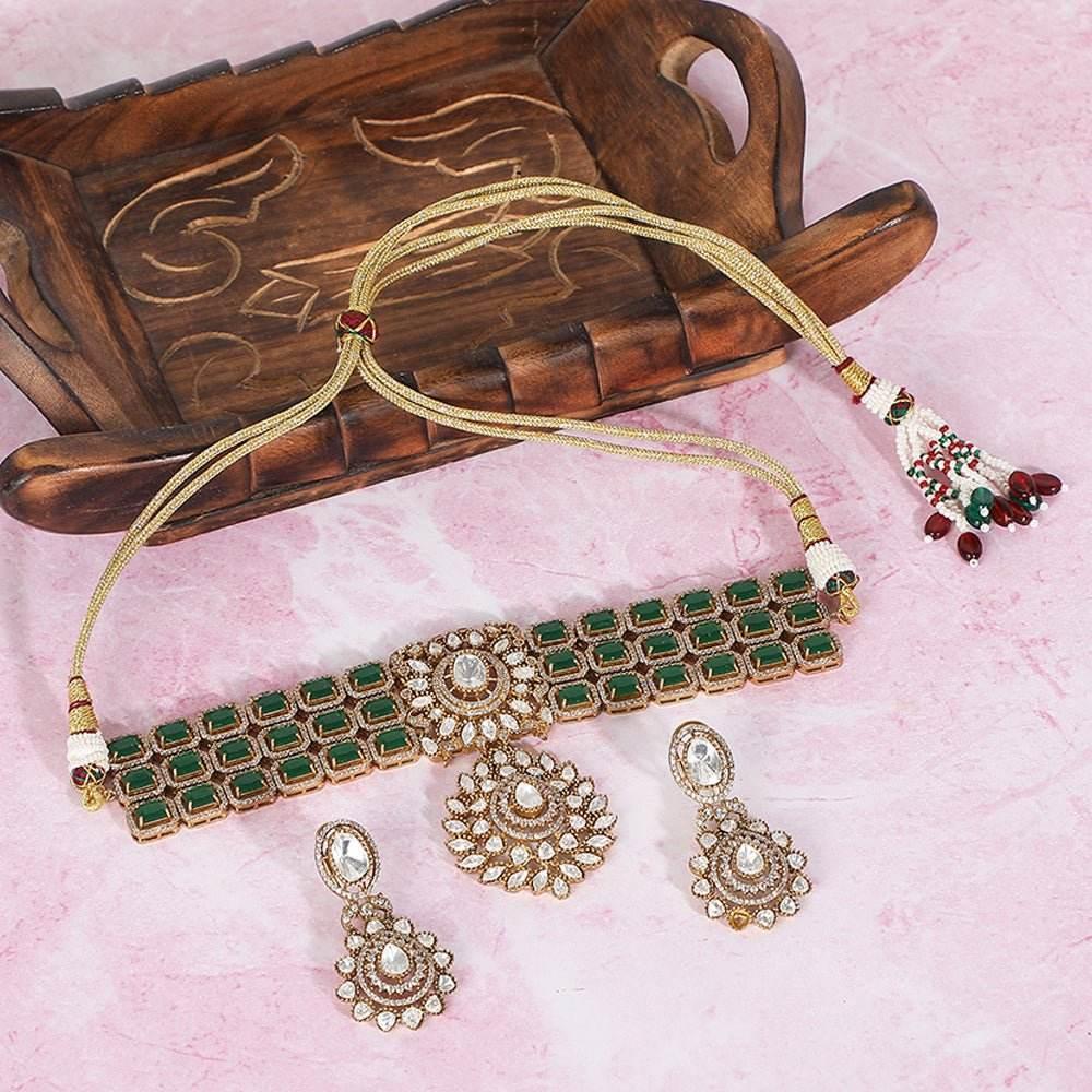 Crafted Green Choker Necklace Set With Matching Earrings - Auraa Trends