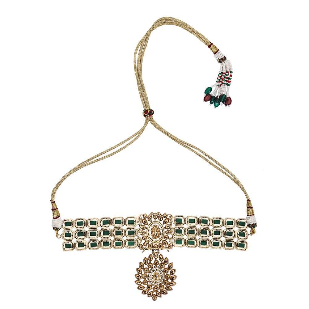Crafted Green Choker Necklace Set With Matching Earrings - Auraa Trends
