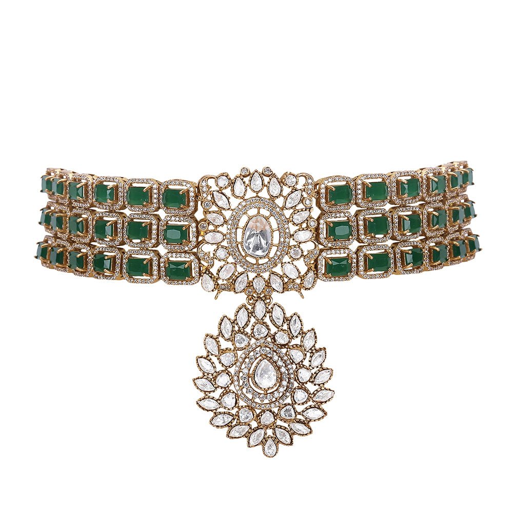 Crafted Green Choker Necklace Set With Matching Earrings - Auraa Trends - Choker - Buy necklace set with matching earrings