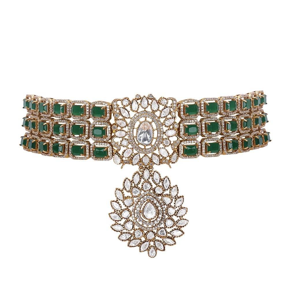 Crafted Green Choker Necklace Set With Matching Earrings - Auraa Trends