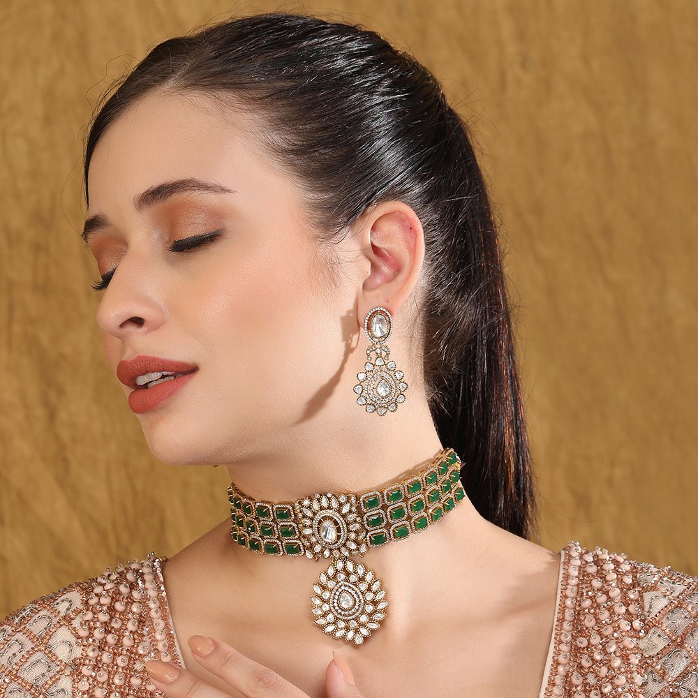 Crafted Green Choker Necklace Set With Matching Earrings - Auraa Trends - Choker - necklace set with matching earrings