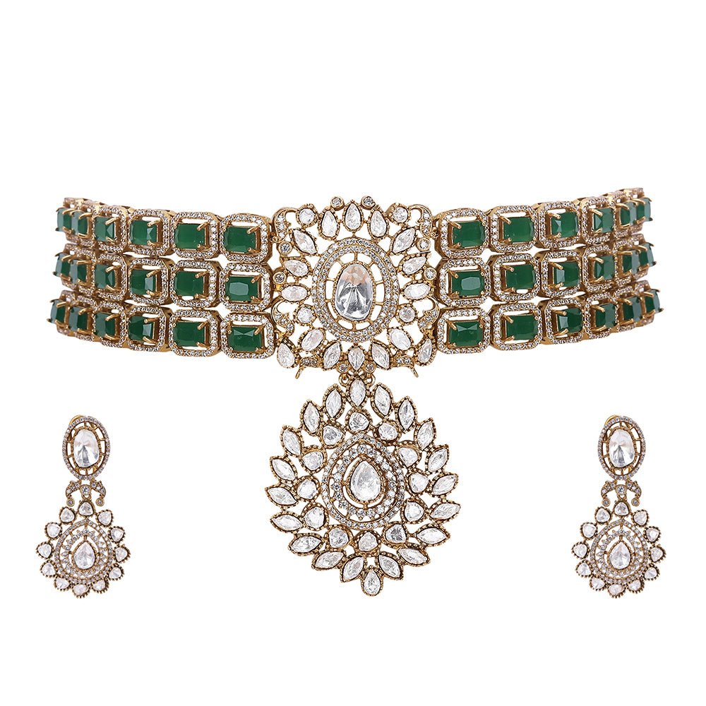 Crafted Green Choker Necklace Set With Matching Earrings - Auraa Trends - Choker - Crafted Green Choker Necklace Set
