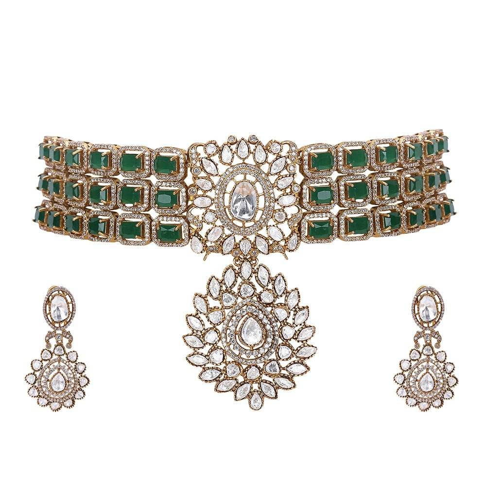 Crafted Green Choker Necklace Set With Matching Earrings - Auraa Trends