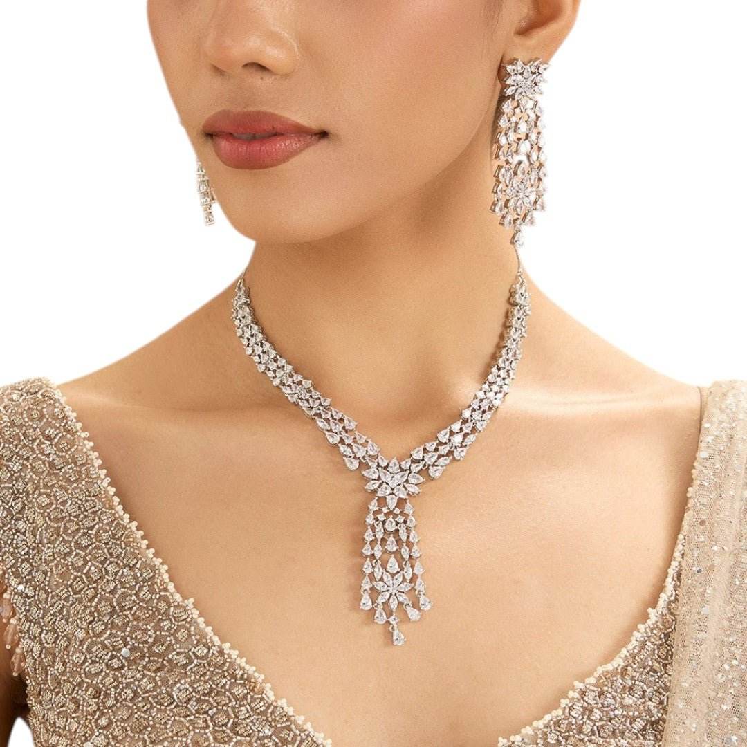 Crystal Cascade Necklace Set – Elegant Diamond-Look Jewelry for Special Occasions - Auraa Trends