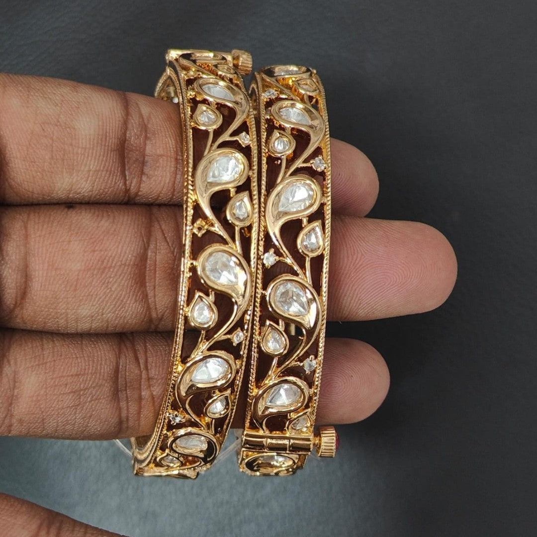 Traditional Gold-Plated Kundan Bangles with White Stones for Women