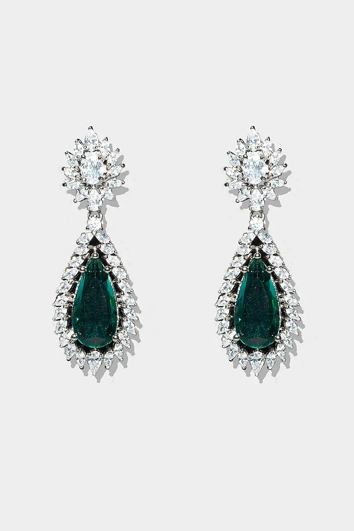 Emerald green teardrop dangle earrings with sparkling crystal floral halo design