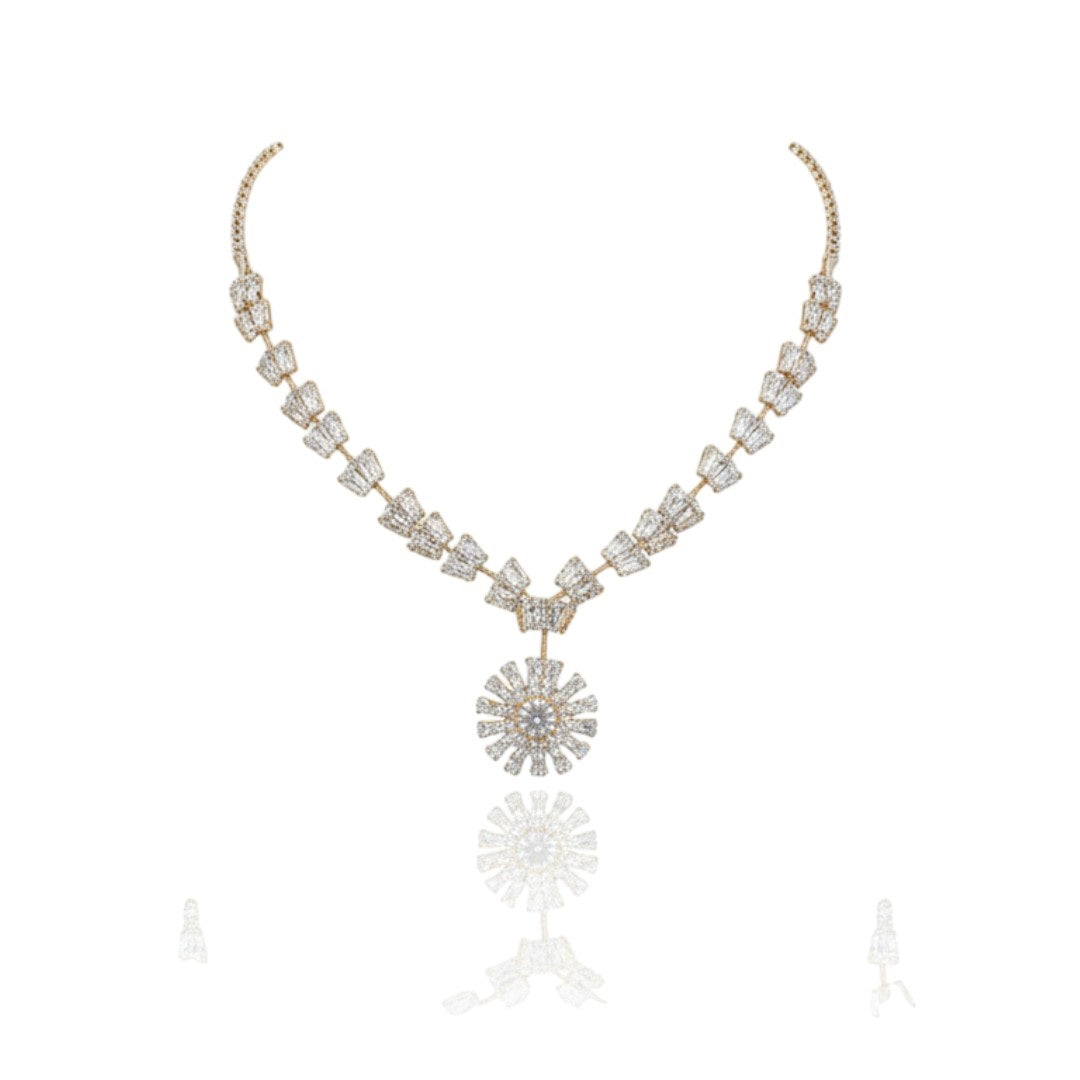 Floral American Diamond Necklace and Earring Set on Red Velvet Display Stand