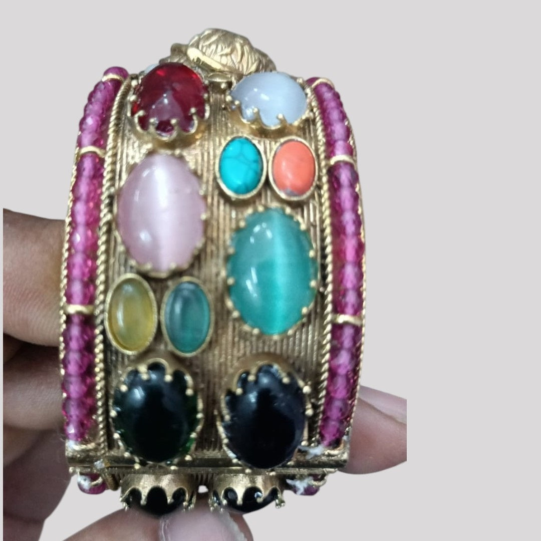 Antique gold-plated Navratna bangle with multi-colored gemstones