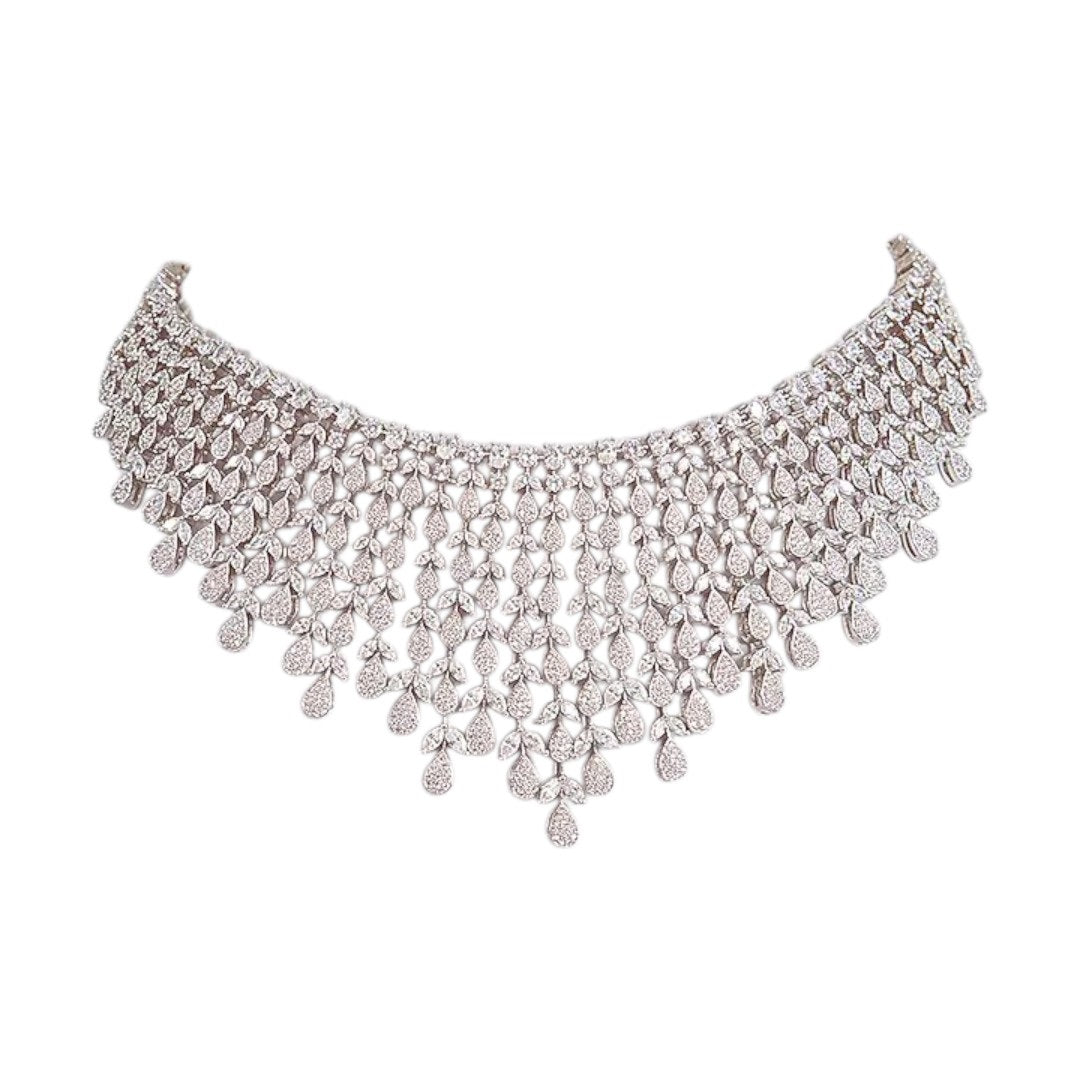 Luxury silver-plated diamond choker necklace set with matching long earrings