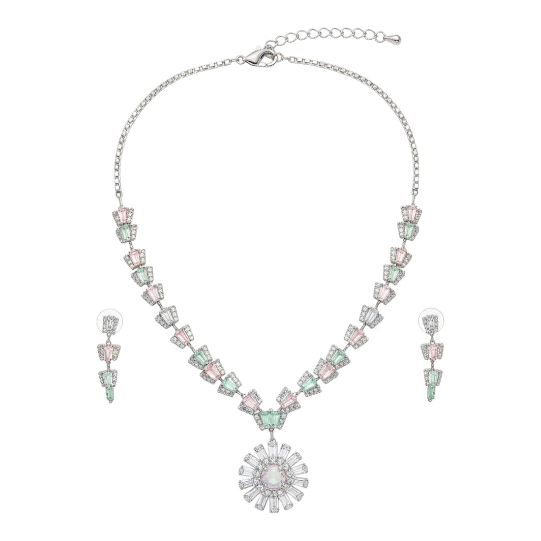 ALT Text:
"Elegant diamond necklace and earrings set with sparkling diamonds in a luxurious design – perfect for weddings and special occasions.