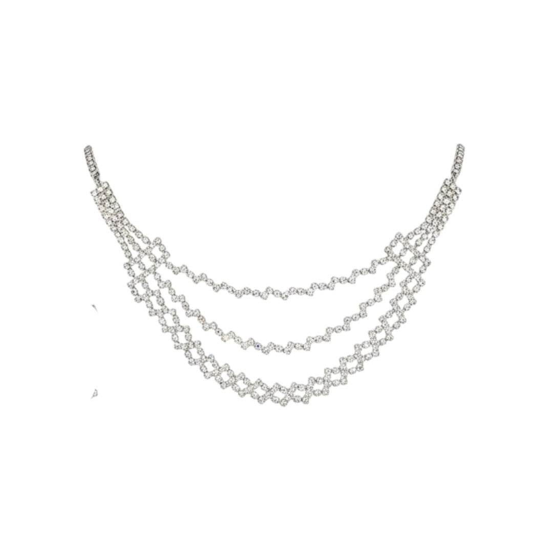 Elegant Layered Diamond Look Choker Necklace Set with Earrings – Silver Crystal Finish