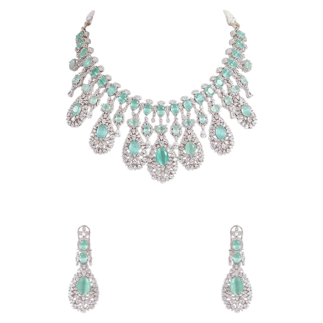 Silver-plated choker necklace set with mint green oval stones and CZ diamonds, featuring matching drop earrings for women